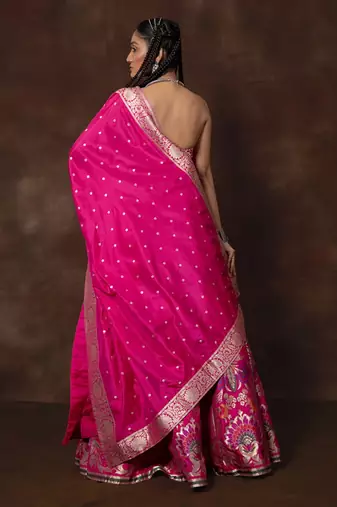 Pink Hand Woven Banarsi Silk Lehenga With Duppatta And Unstitched Blouse
