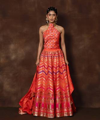 Orange Hand Woven Banarsi Silk Lehenga With Duppatta And Unstitched Blouse 5