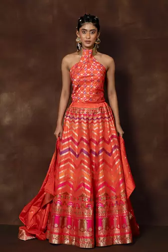 Orange Hand Woven Banarsi Silk Lehenga With Duppatta And Unstitched Blouse