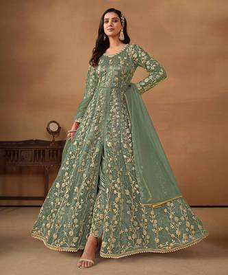 Sea-green embroidery net anarkali suit 1
