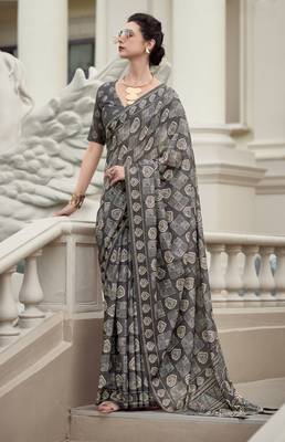 Women's grey silk blend printed saree with unstitched blouse piece 1