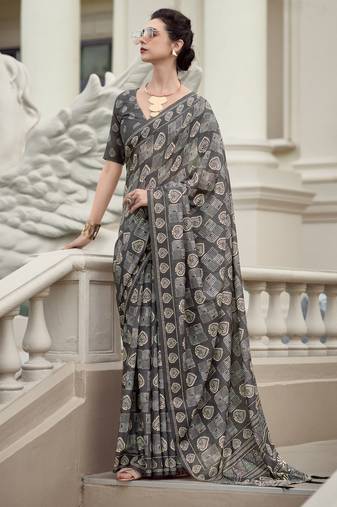 Women's grey silk blend printed saree with unstitched blouse piece
