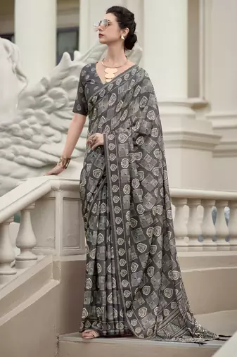 Women's grey silk blend printed saree with unstitched blouse piece