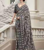 Women's grey silk blend printed saree with unstitched blouse piece