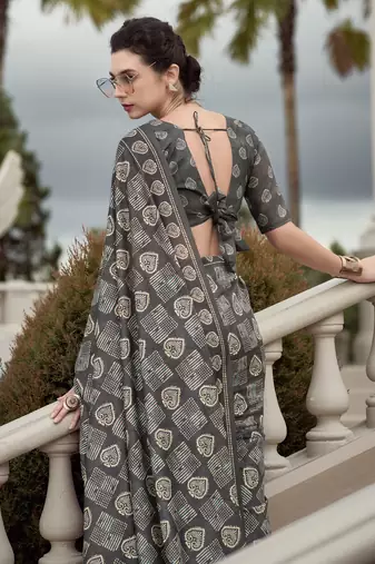 Women's grey silk blend printed saree with unstitched blouse piece