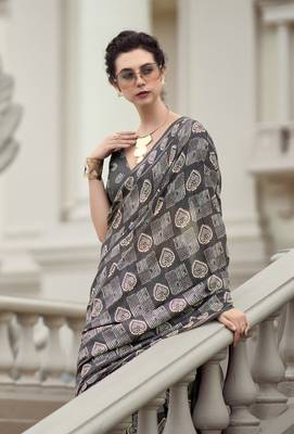 Women's grey silk blend printed saree with unstitched blouse piece 3