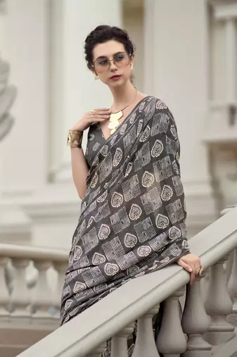 Women's grey silk blend printed saree with unstitched blouse piece