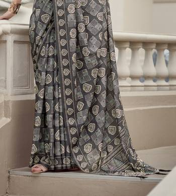 Women's grey silk blend printed saree with unstitched blouse piece 4