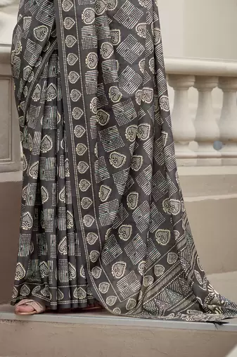Women's grey silk blend printed saree with unstitched blouse piece