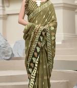 Women's olive silk blend printed saree with unstitched blouse piece