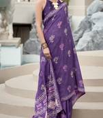 Women's purple silk blend printed saree with unstitched blouse piece