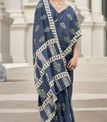 Women's blue silk blend printed saree with unstitched blouse piece