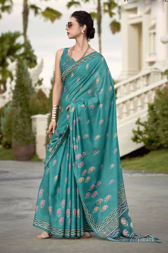 Women's turquoise silk blend printed saree with unstitched blouse piece