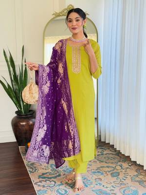  Yellow Embroidered Viscose Kurta Set 1