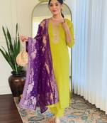  Yellow Embroidered Viscose Kurta Set
