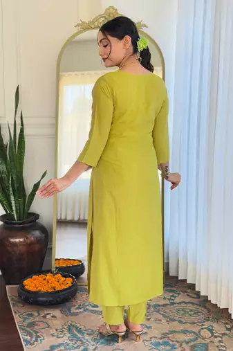  Yellow Embroidered Viscose Kurta Set
