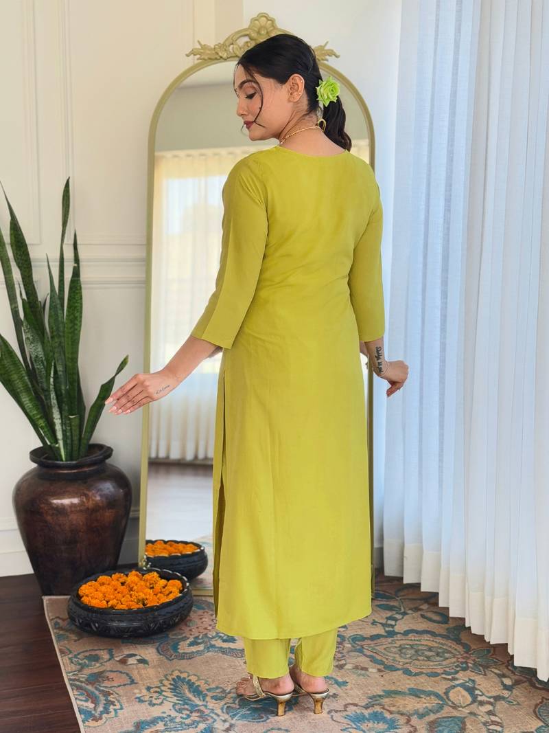  Yellow Embroidered Viscose Kurta Set