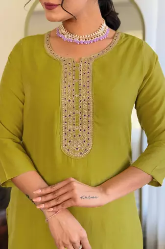  Yellow Embroidered Viscose Kurta Set