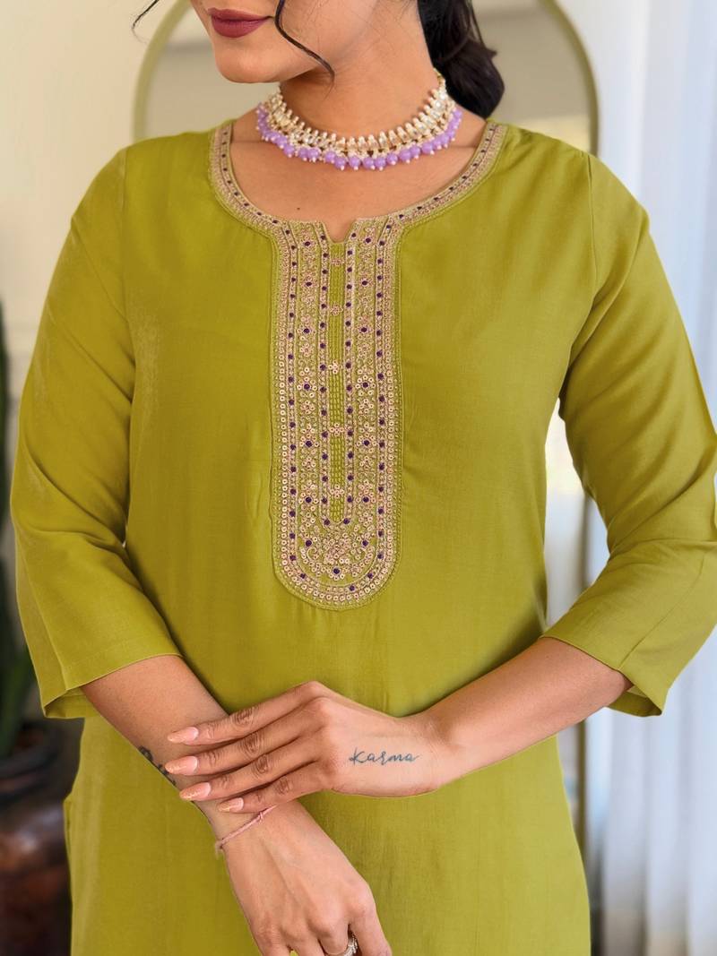  Yellow Embroidered Viscose Kurta Set