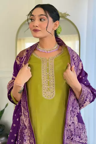  Yellow Embroidered Viscose Kurta Set