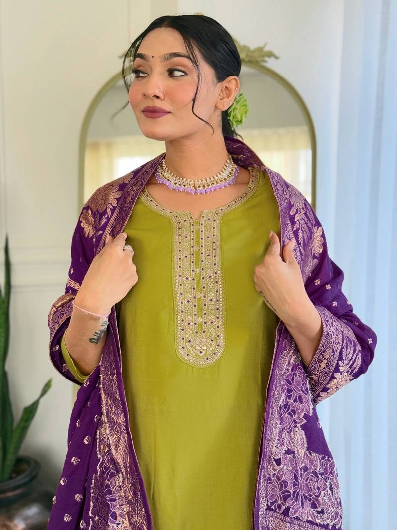  Yellow Embroidered Viscose Kurta Set
