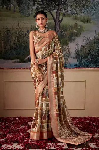 brown cotton silk digital print saree with unstitched blouse piece