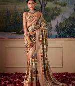 brown cotton silk digital print saree with unstitched blouse piece