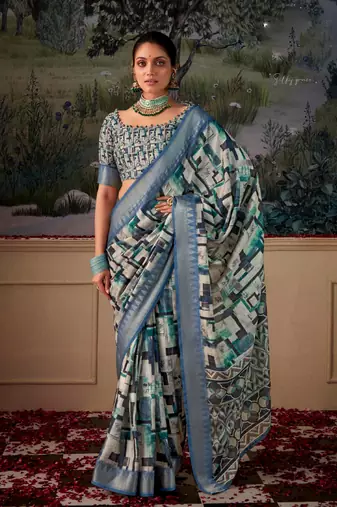 teal cotton silk digital print saree with unstitched blouse piece