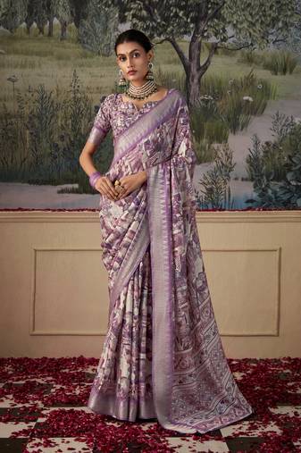 lavender cotton silk digital print saree with unstitched blouse piece