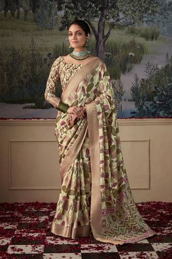 mint cotton silk digital print saree with unstitched blouse piece