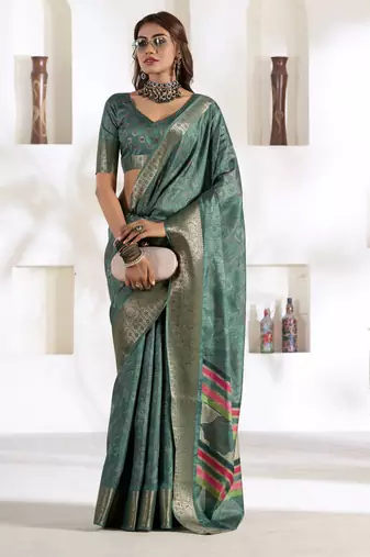 teal silk blend woven saree with unstitched blouse piece