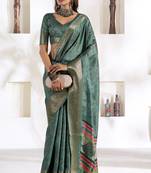 teal silk blend woven saree with unstitched blouse piece