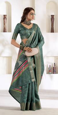 teal silk blend woven saree with unstitched blouse piece 2