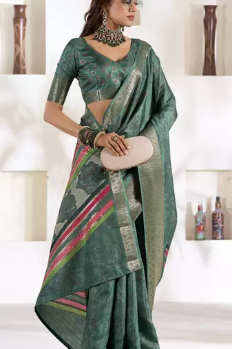 teal silk blend woven saree with unstitched blouse piece