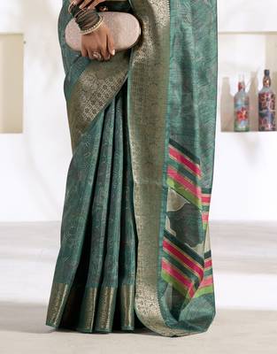 teal silk blend woven saree with unstitched blouse piece 3