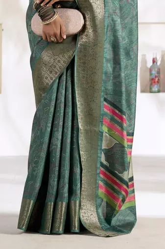 teal silk blend woven saree with unstitched blouse piece