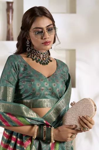 teal silk blend woven saree with unstitched blouse piece