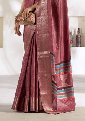 maroon silk blend woven saree with unstitched blouse piece 3