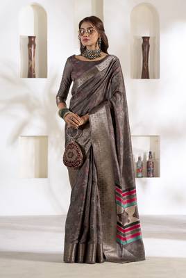 grey silk blend woven saree with unstitched blouse piece 1