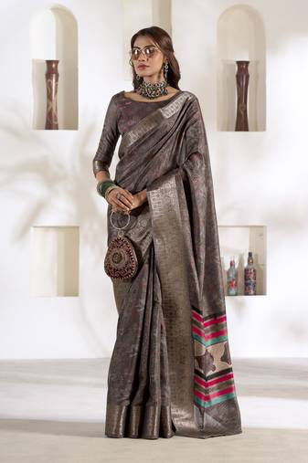 grey silk blend woven saree with unstitched blouse piece