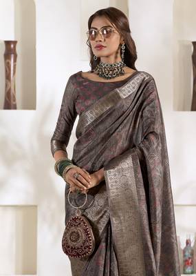 grey silk blend woven saree with unstitched blouse piece 2