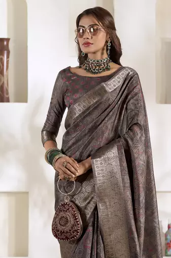 grey silk blend woven saree with unstitched blouse piece
