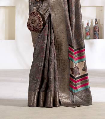 grey silk blend woven saree with unstitched blouse piece 3