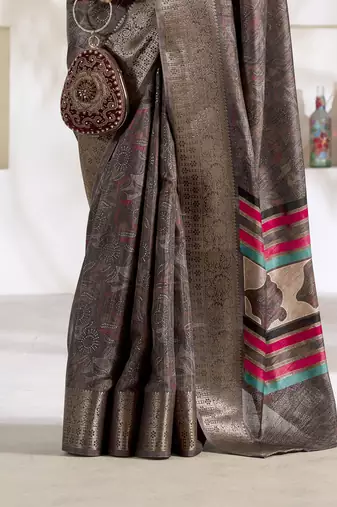 grey silk blend woven saree with unstitched blouse piece