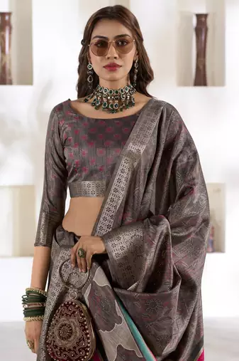 grey silk blend woven saree with unstitched blouse piece