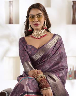 mauve silk blend woven saree with unstitched blouse piece 3