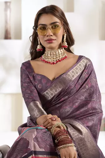 mauve silk blend woven saree with unstitched blouse piece