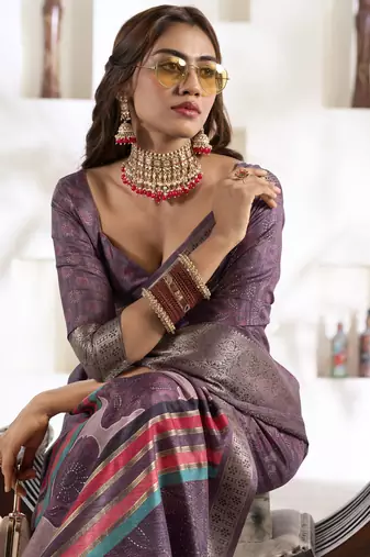 mauve silk blend woven saree with unstitched blouse piece