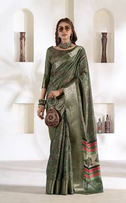 olive silk blend woven saree with unstitched blouse piece 1