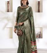 olive silk blend woven saree with unstitched blouse piece